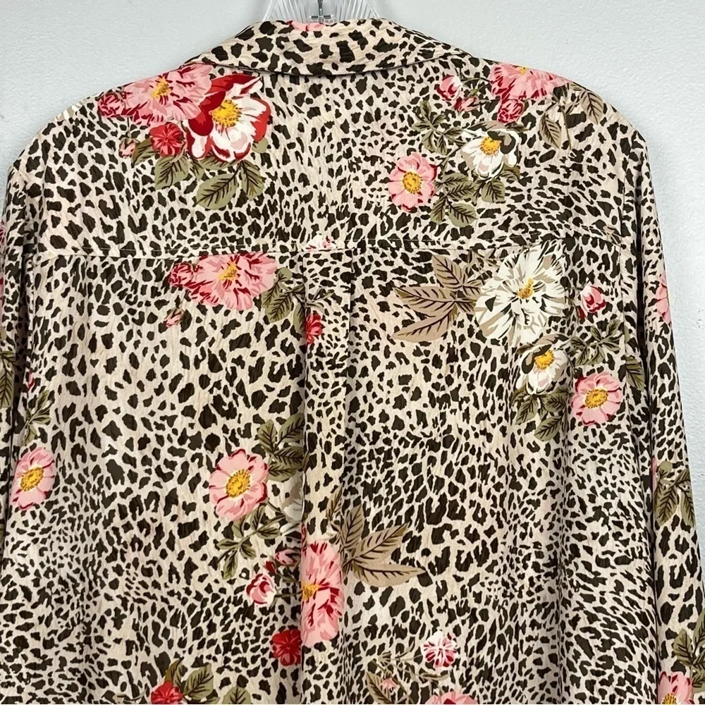 Nanette Lepore floral & animal print roll tab button front blouse top, large.